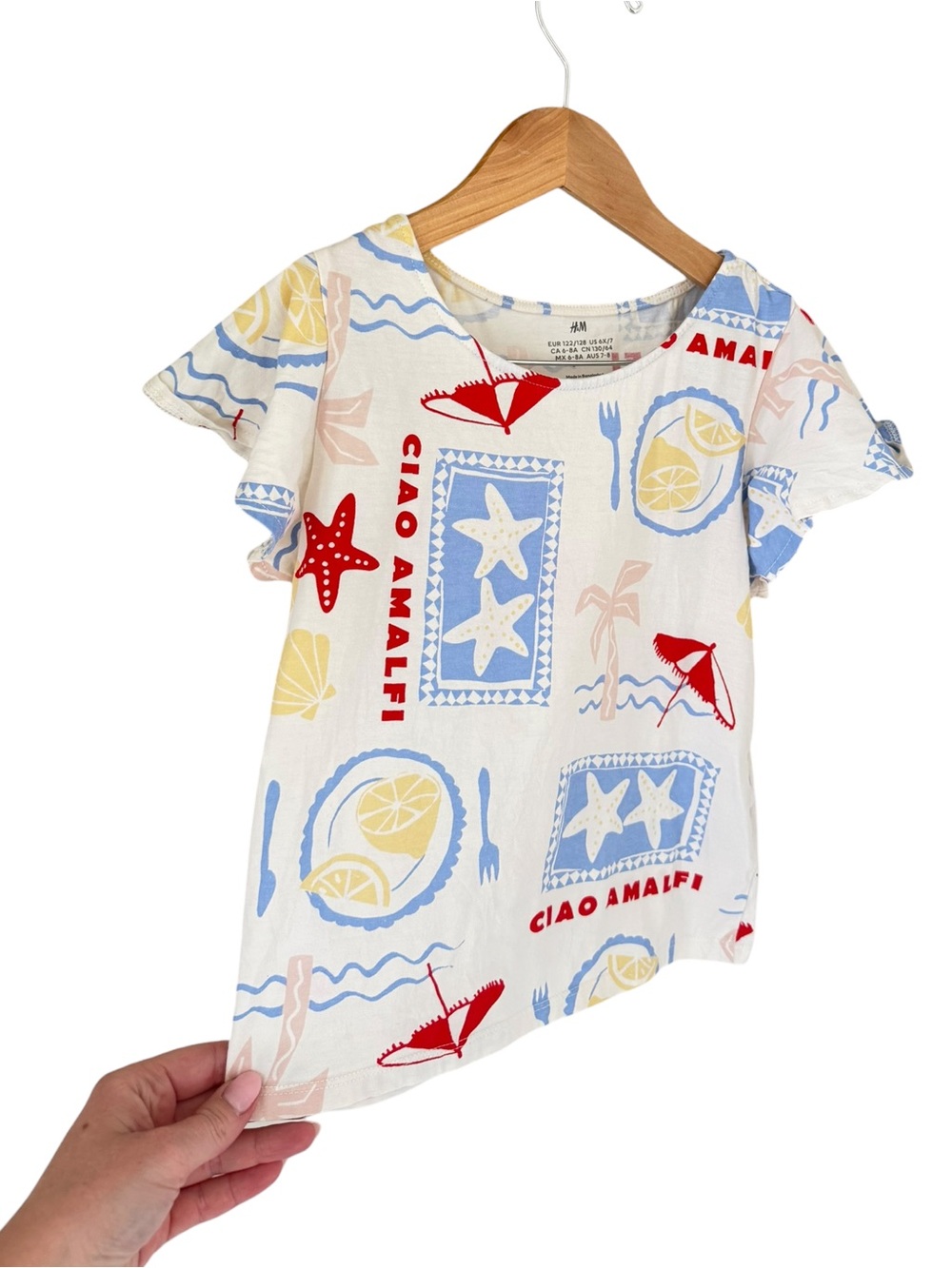 H&M White Short Sleeve Tee with Blue, Red & Yellow Summer Print